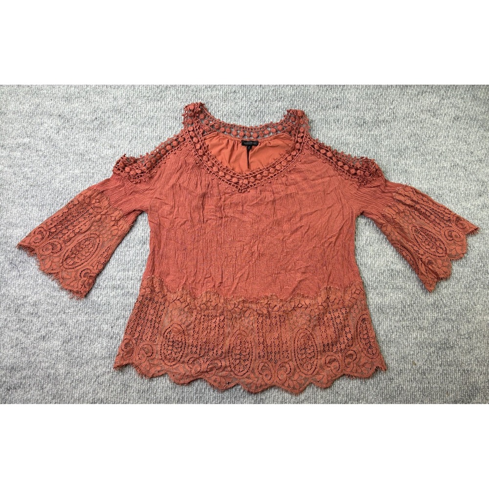 Buckle Black Womens M Rust Lace Cold Shoulder Boho Blouse Bell Sleeve Rayon